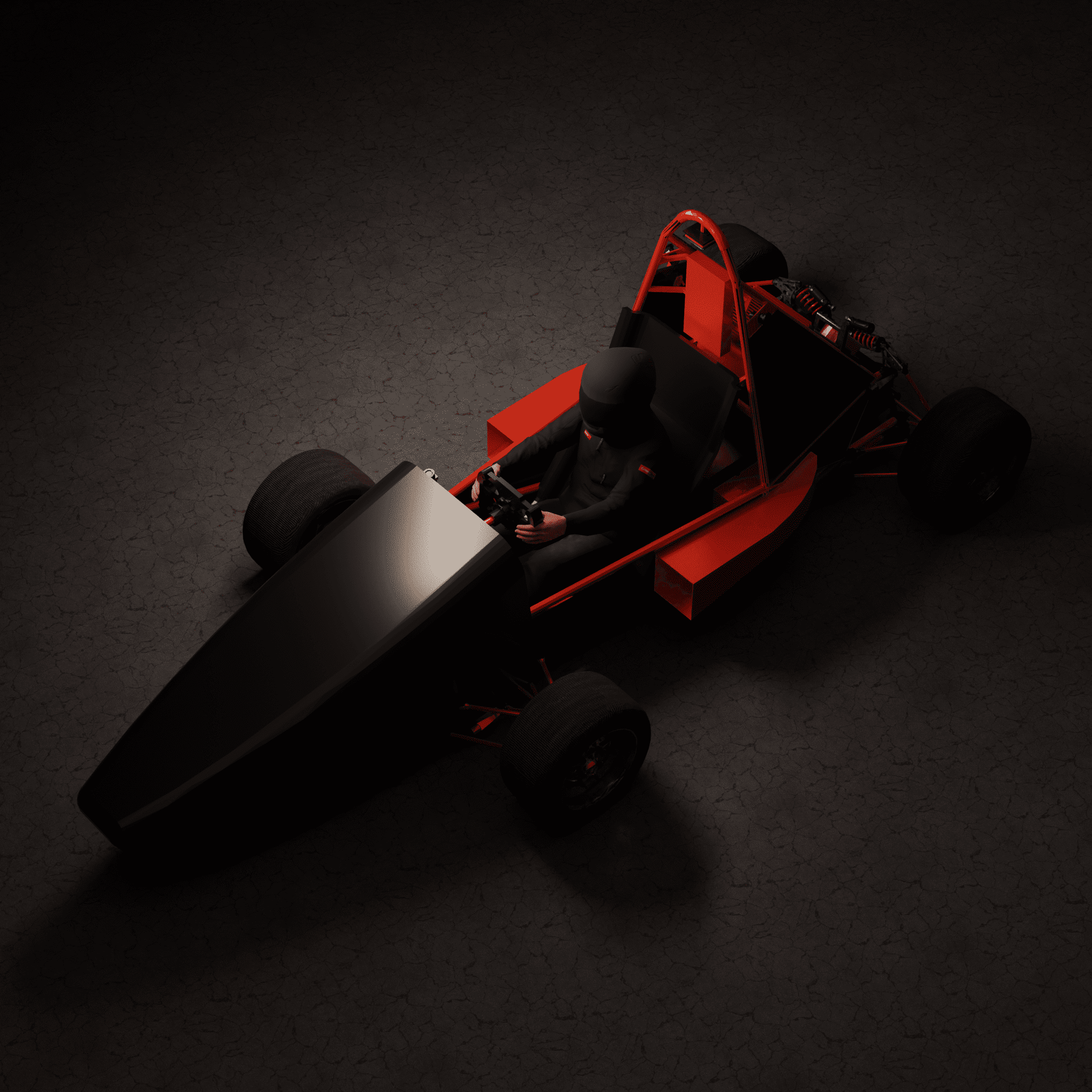 Isometric view of a 3d designed car with a rider driving it